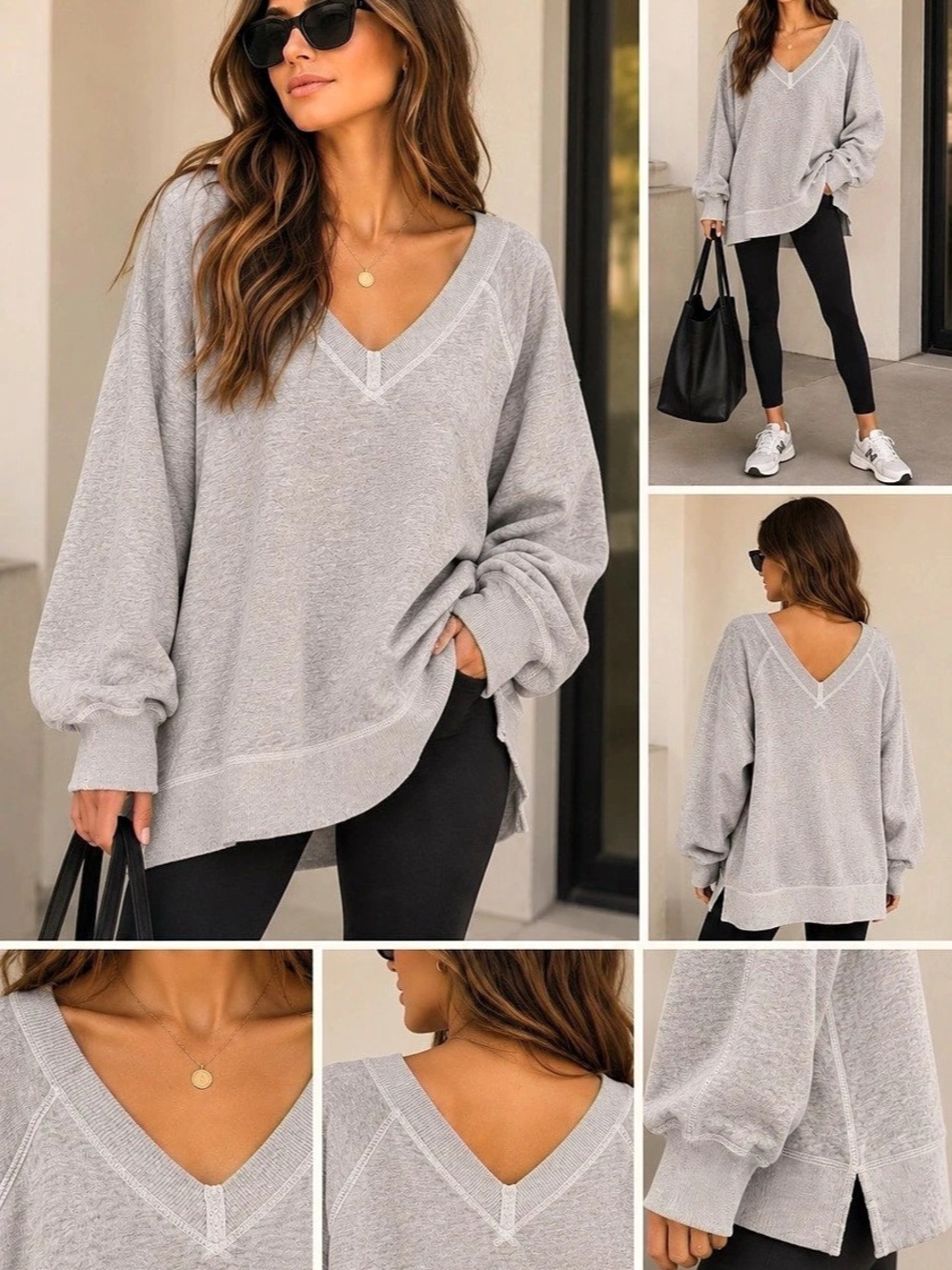 Aerie Vacay Every Day V-Neck Sweatshirt Gray XL
